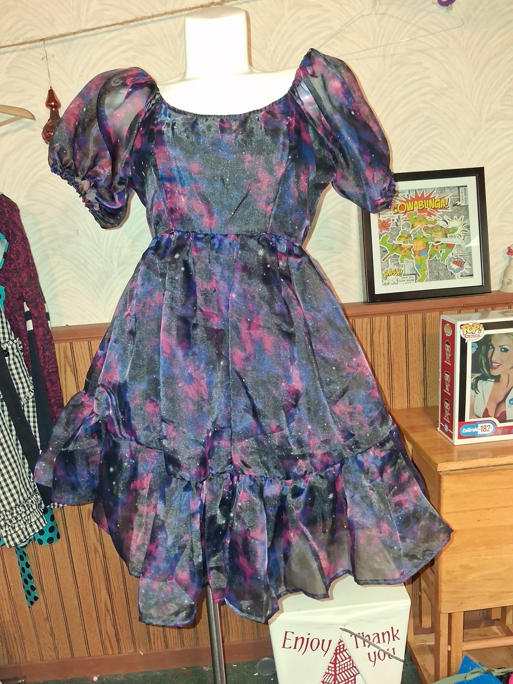 Purple Galaxy Puff-Sleeve Party Dress - Cosmic Aura